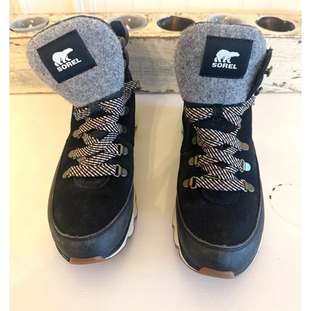 Sorel‎ Kinetic Conquest Boots Womens Size 8 Black Suede Wedge Snow Gorpcore